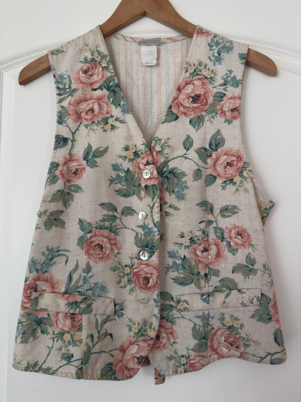 Vintage Koret Floral Tapestry Vest V-Neck Button Front Cottagecore Waistcoat 10